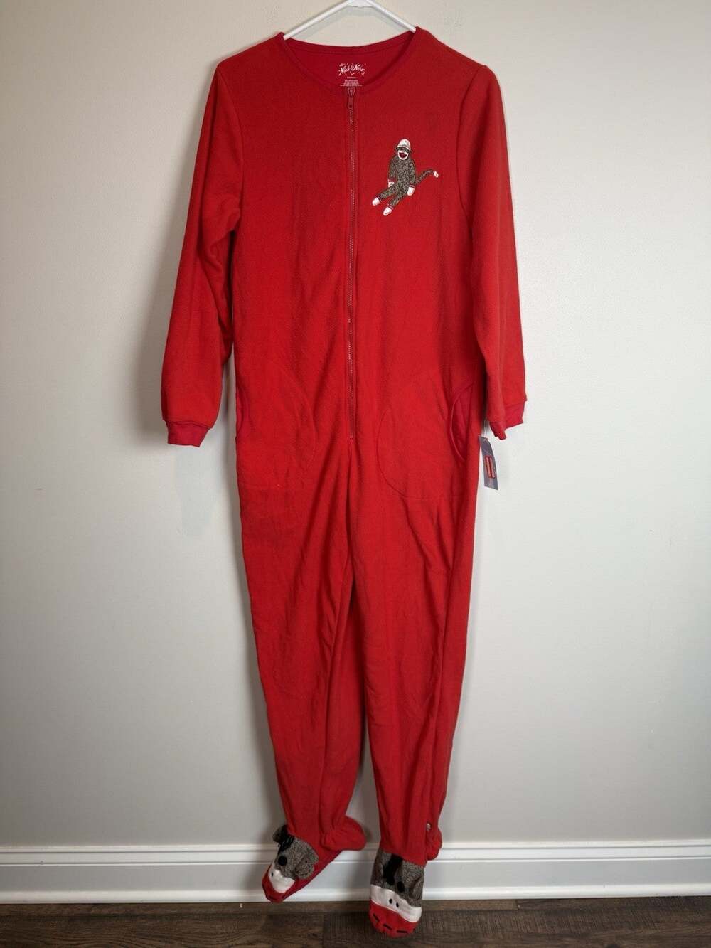 NWT Nick & Nora Red Sock Monkey FLEECE FOOTED PJs Comfy Cozy Warm Pajamas Size M